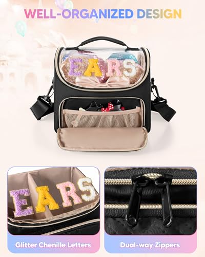 Mouse Ears Travel Case with Detachable Divider, Headband Holder Organizer Bag with Shoulder Strap, Chenille Letter Hair Accessories Storage Box, Black with Gold Zipper - color: Black-Gold Zipper