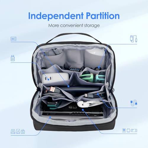 LENTION Premium Electronics Organizer Case with Handle, Large Multi-Compartment Travel Tech Bag for Tablet, Macbook Chargers, Cables, AirPods, Hard Drive Case Waterproof Travel Accessory(M372 Black) - color: Black
