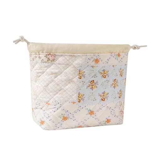 Cotton Quilted Drawstring Makeup Bag with Canvas Lining,Coquette Aesthetic Cute Travel Toiletry Bag,Drawstring Gift Bag for Women and Girls（08Pink Flower） - color: 08Pink Flower