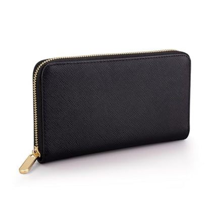 Luxury Real Leather Zip Around Travel Wallet | Large Capicity Card Holder Organizer | Classic Phone Clutch for Men Women (Black - Saffiano Leather) - color: Black - Saffiano Leather