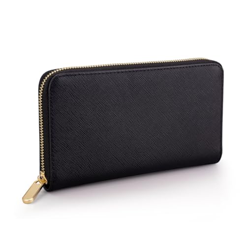 Luxury Real Leather Zip Around Travel Wallet | Large Capicity Card Holder Organizer | Classic Phone Clutch for Men Women (Black - Saffiano Leather) - color: Black - Saffiano Leather