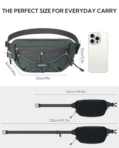 WATERFLY Lightweight Small Fanny Pack: 1.5L Mini Slim Crossbody Waist Belt Hip Bag with RFID Blocking, Anti-Theft & Water Resistant Pouch for Women Men Travel Hiking Running Walking EDC - color: Gray