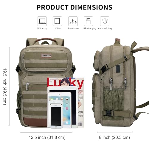 WITZMAN Canvas Travel Backpack for Men Multiple Pockets Fit 16 inch Laptop Backpack Carry-on Airline Approved(A8025 Army Green) - color: Army Green