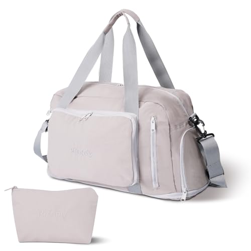 Travel Duffel Bag, 30–40L Expandable Weekender Bag with Shoe Compartment, Foldable Carry On Travel Bag with Wet Pocket and Matching Pouch - color: Grey