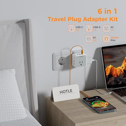 TESSAN All European UK Travel Plug Adapter Kit, 6-in-1 International Power Adapter with 3 USB (1 USB C) and 3 AC Outlets, Supports Type C, G, E/F, I, A, B for US to Europe UK Italy Australia Japan