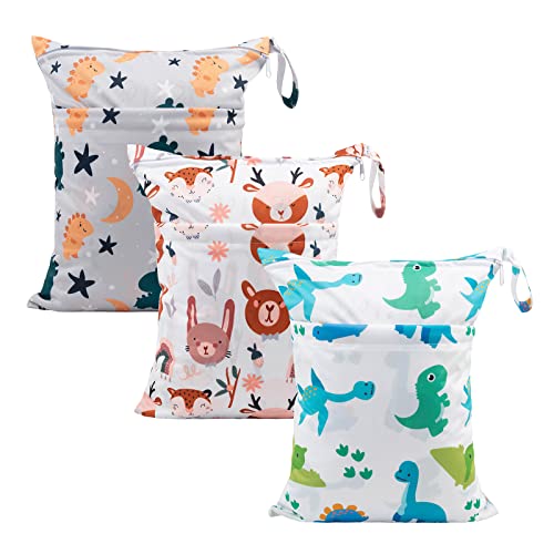 babygoal Wet Dry Bags for Baby Cloth Diapers, Washable Travel Bags, Beach, Pool, Gym Bag for Swimsuits & Wet Clothes with Two Zippered Pockets 3 Pack, 3LN23 - color: Animal world