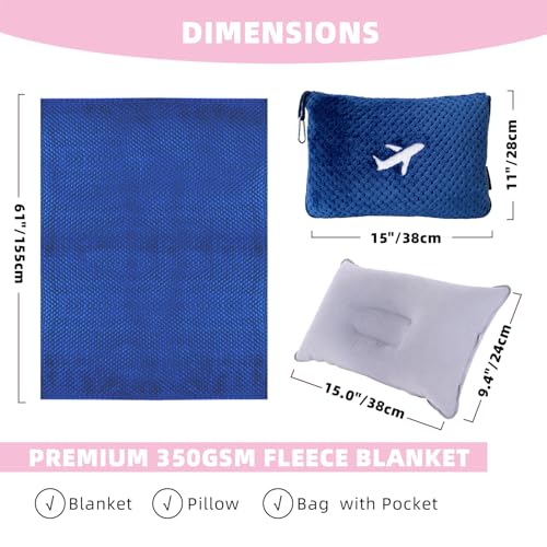 3 in 1 Travel Blanket Pillow Set - 350 GSM Thick Travel Blanket Airplane Compact with Bag, Soft Bag with a Pocket, Inflatable Travel Pillow for Camping & Car Trip (Royal Blue) - color: Royal Blue