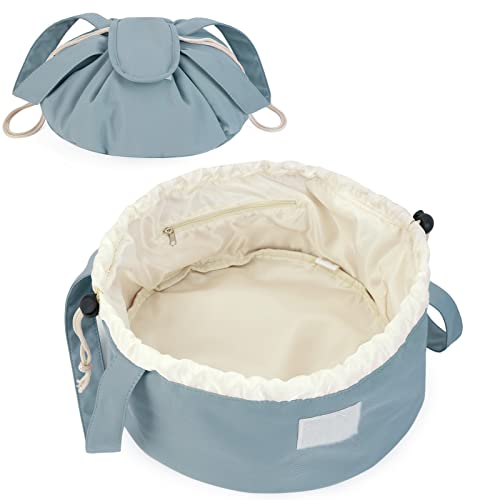 Narwey Barrel Drawstring Makeup Bag Large Floral Cosmetic Bag Make up Bags Toiletry Bag Travel Bags for Toiletries Organizer for Women Gift for Teen Girls (Greyish Blue) (Patent) - color: B-Greyish Blue