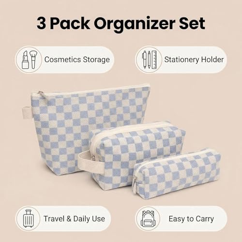 3 Pcs Canvas Makeup Bag Set Checkered Cosmetic Pouch for Women Travel Toiletry Bag Cute Makeup Organizer Purse Pouch Preppy Pencil Case with Zipper (Checkered Blue) - color: Checkered Blue