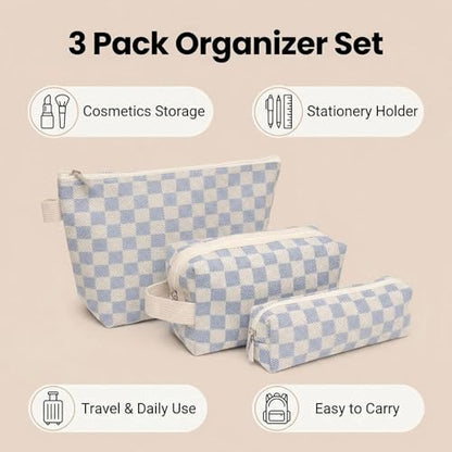 3 Pcs Canvas Makeup Bag Set Checkered Cosmetic Pouch for Women Travel Toiletry Bag Cute Makeup Organizer Purse Pouch Preppy Pencil Case with Zipper (Checkered Blue) - color: Checkered Blue