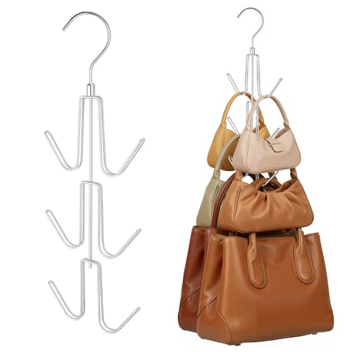 ZEDODIER 2 Pack Purse Organizer for Closet, Heavy-Duty Hanging Purse Hanger Closet Holds Up to 12 Purses, Metal Rotating Space Saving Bag Holder Handbag Storage Hook Backpack Rack, Silver - color: Silver, size: 2 Pack
