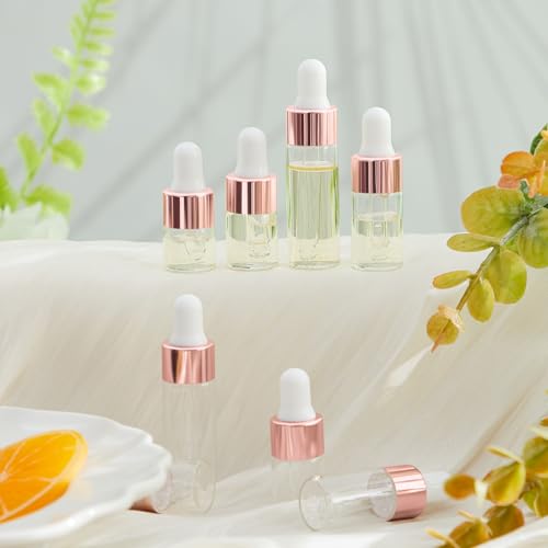 Didaey 20 Pcs Mini Glass Oil Dropper Bottle Bulk, Clear Essential Small Empty Bottles Sample Containers Perfume Liquid Vials with Cap for Traveling (1ml,2ml,3ml,5ml,Rose Gold) - color: Rose Gold, size: 1ml, 2ml, 3ml, 5ml