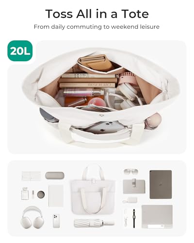 BAGSMART Tote Bag for Women, Foldable Tote Bag With Zipper Travel Shoulder Bag Handbag for Work - color: Beige