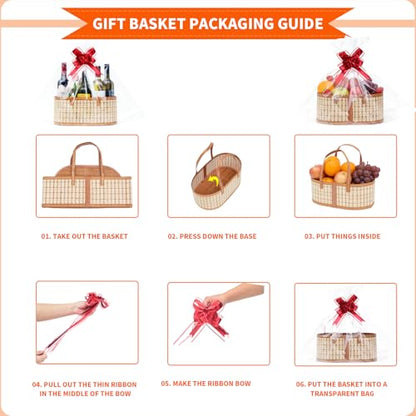 OCMML 2 Set Baskets for Gifts Empty, Foldable Bamboo Gift Basket Kit with Handles, Large Woven Empty Fruit Basket for Christmas, Housewarming, Birthday Party Fillers (13.8"X 7.9" X 6.0")