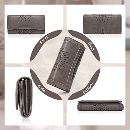 APHISON Womens Wallets RFID Blocking Leather Clutch Long Wallet for Women Card Holder Phone Organizer Ladies Travel Purse Hollow Out Sunflower Design Gift - color: dark-gray