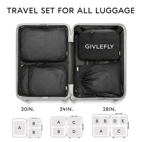 GIVLEFLY Compression Packing Cubes for Travel, 6-Piece Lightweight Luggage Organizer Bags, Space Saving Suitcase Packing Set for Women - color: Black