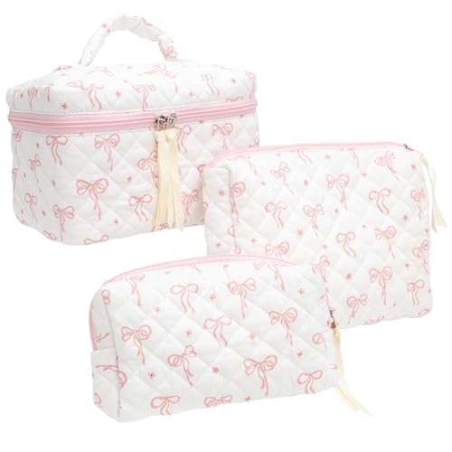 3PCS Makeup Bag SET Large Travel Quilted Zipper Soft Cosmetic Case Pouch for Women Girls Make Up,Bow Pink - color: Bow Pink, size: 3 PCS SET