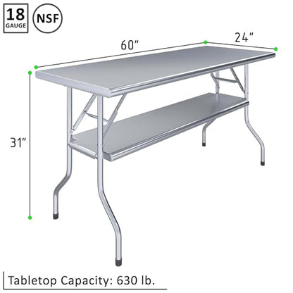 Premium Quality Stainless Steel Open Base Folding Utility Table - Folding Work Table for Commercial Kitchen, Restaurant, Hotel and Garage - NSF (24" x 60" with Undershelf) - size: 24" x 60" with Undershelf