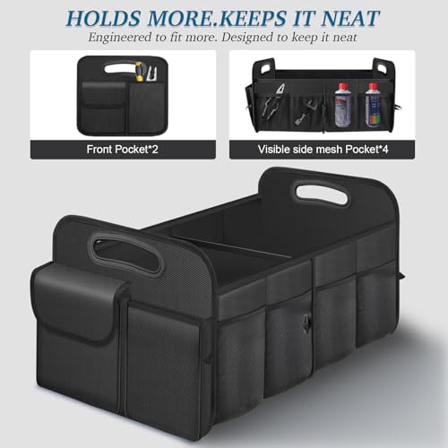 Trunk Organizer, Collapsible Waterproof car Trunk Organizer for SUVs & Sedans, Car Storage Organizers with Reinforced Handles, Car Accessories for Women and Men, 2 Compartments, 52L, Black - color: Black, size: Standard