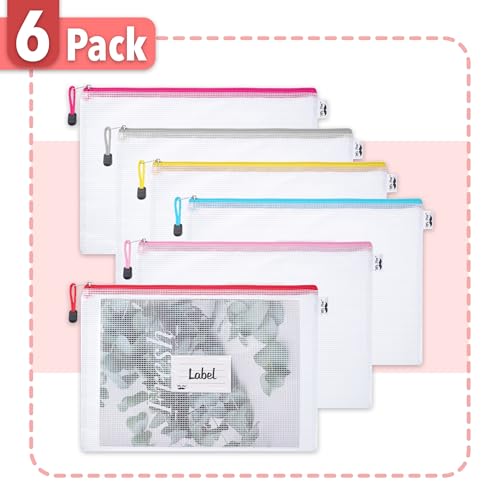 Mr. Pen- Plastic Mesh Zipper Pouch with Label Pocket, A4, 6 Pack | Large Mesh Zipper Pouch Large, Board Game Storage