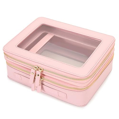 Aveniee XL Clear Makeup Organizer,Double Layer Travel Cosmetic Case with Brush Holder & Zippered Compartments,Big Toiletry Bag for Travel Accessories,2 Layers Large,Pink - color: Pink, style: Dual Layer Large