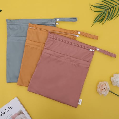 ALVA ALVABABY 3pcs Cloth Diaper Wet Dry Bags Waterproof Reusable with Two Zippered Pockets Travel Beach Pool Daycare Soiled Baby Items Yoga Gym Bag for Swimsuits or Wet Clothes 3L-ZM11 - color: Orange light brown light green