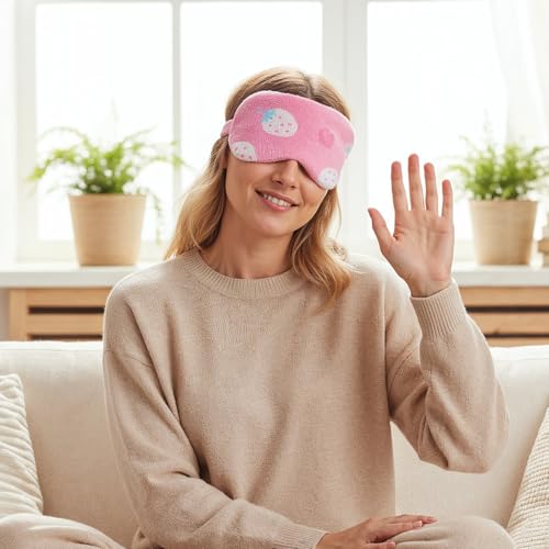 2PCS Plush Sleeping Eye Mask Soft Plush Eye Mask Fuffy Eye Cover Comfortable Sleep Mask Blindfold Rainbow Faux Fur Eye Shade for Women, Men and Kids Travel Nap Sleeping - color: Strawberry