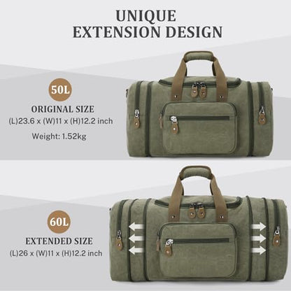 Gonex Canvas Duffle Bag for Travel 60L Duffel Overnight Weekender Bag (Army Green) - color: Army Green, size: X-Large-60L (Without Shoe Compartment)