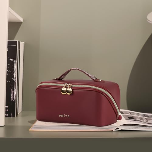Prite Makeup Bag for Women Travel Waterproof Vegan Leather Cosmetic Bag Open Flat Toiletry Bag With Clear Divider and Handle (Dark Red, Medium) - color: Dark Red, size: Medium