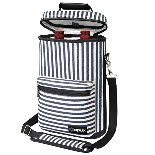 opux Wine Bag 2 Bottle Wine Tote Carrier, Insulated Wine Cooler Bag for Travel Picnic, Leakproof Portable Padded Case, Wine Gifts For Women Men Wine Lovers Christmas, Navy White Stripes - color: Navy Stripes