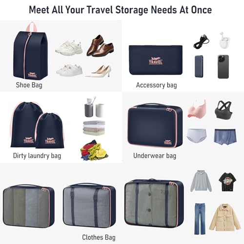 Packing Cubes for Travel - 8 Set Luggage Organizer Bags for Family, Mesh Breathable Packing Cubes for Suitcases Durable Travel Essentials Bags Set - color: Navy Blue