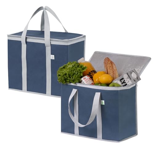 VENO 2 Pack Cooler Bag and Insulated Grocery Bags for Food Delivery, Collapsible Cooler, Reusable Shopping Bags for Groceries with Zipper, Foldable, Heavy-Duty, Stands Upright (Dark Blue, 2 Pack) - color: Dark Blue, size: 2 Pack