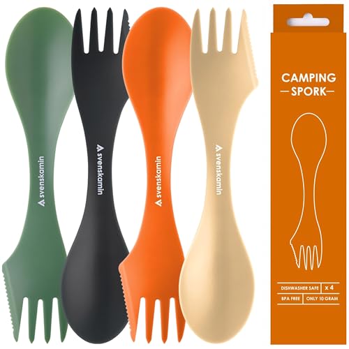 Reusable Camping Spork Set 4-Pack - 3-in-1 Travel Sporks, Lightweight Durable Utensils & Silverware for Tailgate, Outdoors, Hiking, Picnic, Lunch Box - Eco-Friendly Plastic Fork Spoon Knife Combo - color: Multicolor 4P