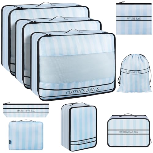 9 Set Packing Cubes Luggage Packing Organizers for Travel Accessories Space Saving Travel Bags for Carry On, Lightweight Mesh Zipper, Clothes, Shoes, Laundry and Shoe Bag (Blue Streak) - color: Blue Streak