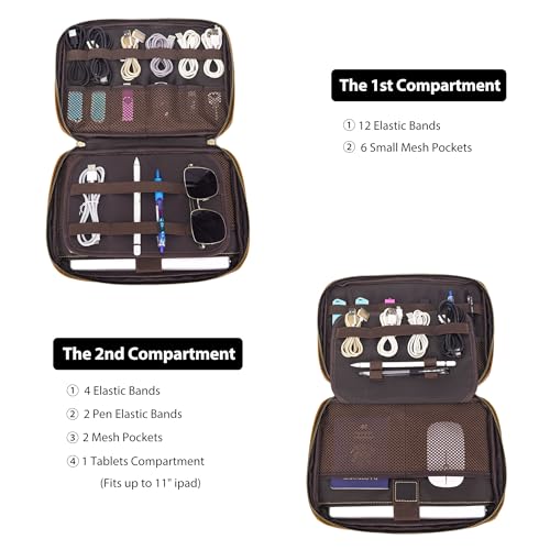 LANNSYNE Full Grain Leather Electronic Organizer Accessory Travel Tech Pouch, Cable Accessories Bag, Storage Carry Case for Charger, Phone, Power Bank, Cables