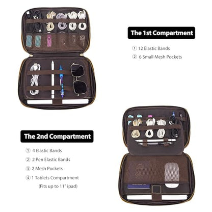 LANNSYNE Full Grain Leather Electronic Organizer Accessory Travel Tech Pouch, Cable Accessories Bag, Storage Carry Case for Charger, Phone, Power Bank, Cables