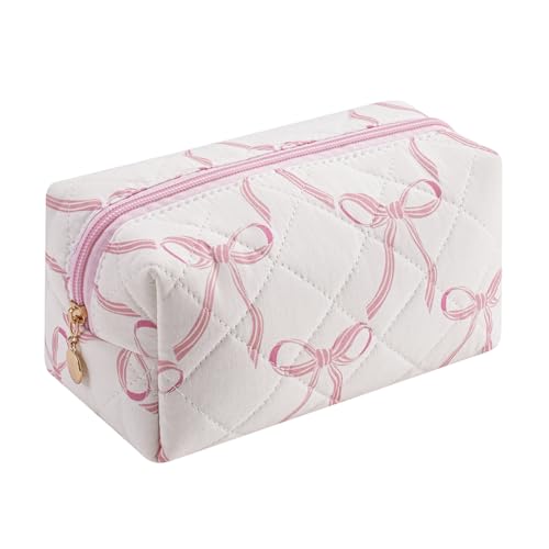 Gleyemor Small Quilted Makeup Bag for Women, Cute Floral Bow Cosmetic Bag, Emergency Bag Travel Toiletry Cotton Pouch Gifts for Girls Her Mom Friend Sister Bridesmaid (Big Pink Bow) - color: Big Pink Bow
