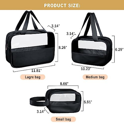 Clear Makeup Bag, 3 Pcs of Cosmetic Bags Set, Transparent PVC Travel Makeup Pouch, Waterproof Cute Toiletry Bag for Women (Black) - color: Z-Black-3pcs, style: 3pcs