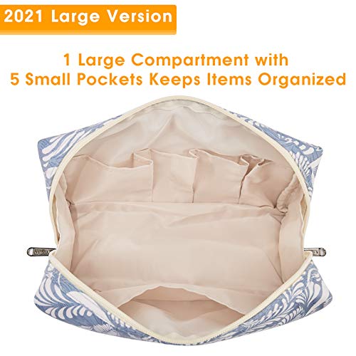 Narwey Cute Makeup Bag Travel Cosmetic Bag Organizer Toiletry Bag Make Up Bags with Compartments for Women Girls (Large, Blue Leaf) - color: Blue Leaf, style: Large