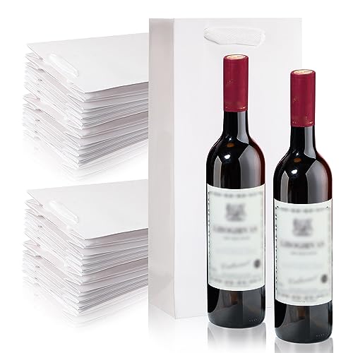 Yeaqee 50 Pack Wine Bags for Wine Double Bottles Gifts Carriers 6.6x3.6x13.8 Craft Bottle Bags Bulk with Handles Paper Tumbler Carriers, Party Gift Pocket with Handle(White) - color: White
