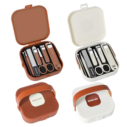 Nail Clippers and Beauty Tool Portable Set, Cuticle Nail Care Tools, 7pcs Stainless Steel Grooming Kit, Suitable for Home, Workplace, Outdoor Travel, Gift Giving, Salon., Beige+Brown - color: D-beige+brown