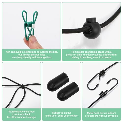 Retractable Portable Travel Clothesline with 12 Clips, Indoor Outdoor Clothes Drying Rack for Hotel, Cruise, Camping Accessories