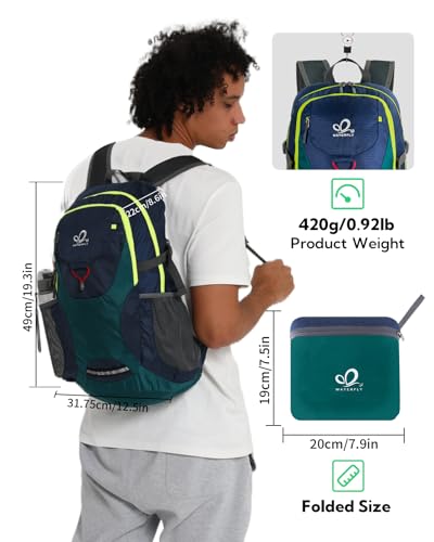 WATERFLY Lightweight Packable Hiking Backpack: 30L Foldable Travel Daypack Ultralight Camping Day Pack for Woman Man - color: Green & Yellow