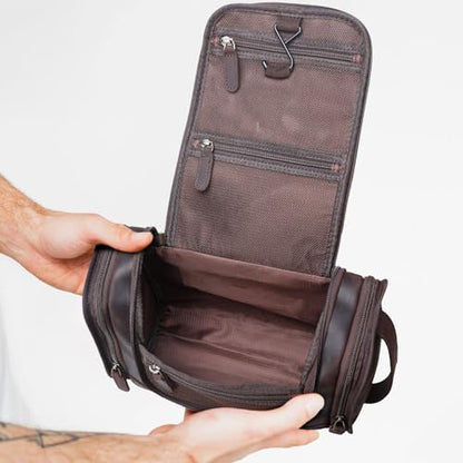 Polare Full Grain Leather Toiletry Bag Travel Dopp Kit Makeup Cosmetic Organizer Shaving Kit Wash Case with Hanging Hook