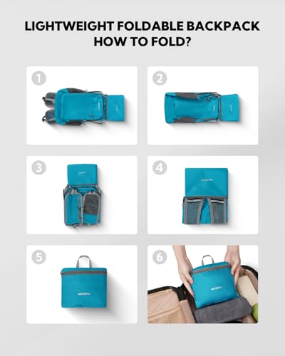 WATERFLY Packable Lightweight Small Backpack: 15L Foldable Mini Hiking Daypack - Ultralight Compact Day Pack for Women Men Outdoor Travel Camping Walking - Blue - color: Blue