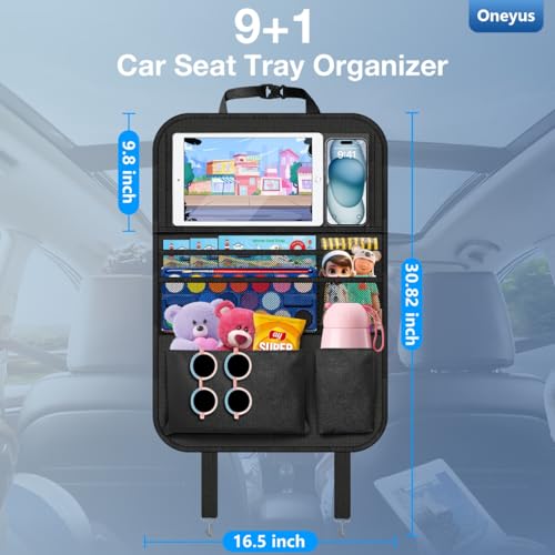Car Backseat Organizer with Table Tray(2-Pack) 9 Storage Pockets Backseat Car Organizer and storage with Tablet Holder, Kick Mats Back Seat Cover for Kids family Road Trip Essentials Travel - style: 2 Pack with Food Tray-Black
