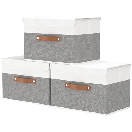OUTBROS Large Cube Storage unit Boxes, Collapsible Bin with Lid, Linen Fabric Wardrobe Organiser, Baskets For Towels, Clothes, 17.7 x 11.8 x 11.8 inch (White/Grey, 3-Pack) - color: White/Grey, size: 17.7x11.8x11.8in(3-pack)