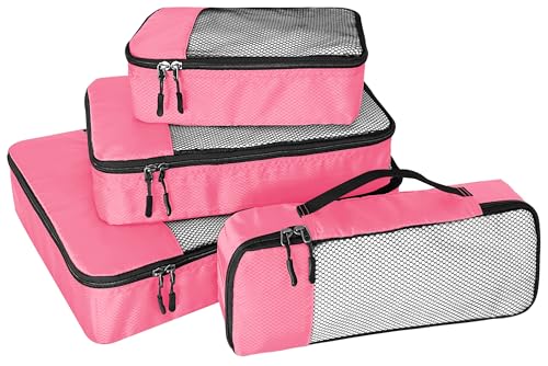 WTREE 4-Piece Packing Cubes Travel Accessories Set for Suitcases - Luggage Organizer Bags with Double Zipper - Mesh Top - Small/Medium/Large/Slim - Pink - color: Pink, size: Slim, Small, Medium, Large