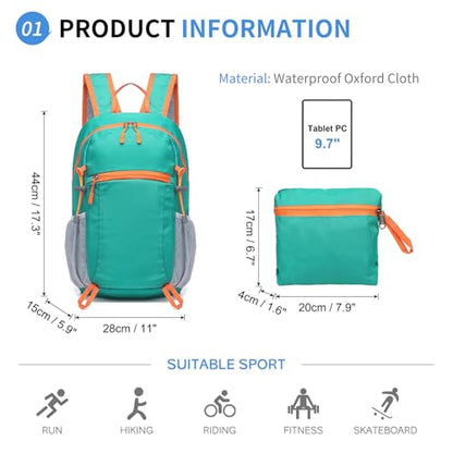 Hiking Daypack Packable, Camping Backpack Water Resistant Lightweight Polyester for Men Women Travel Outdoor - color: Lake Blue