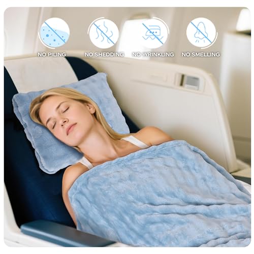 Travel Blanket and Pillow-2-in-1, Ultra-Soft&Compact, Airplane Blanket with Hand Luggage Belt and Backpack Clip,Travelers Accessories Gifts, 61x43 Inches（Blue） - color: Blue